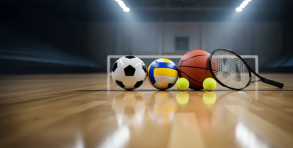 Sports balls on indoor court